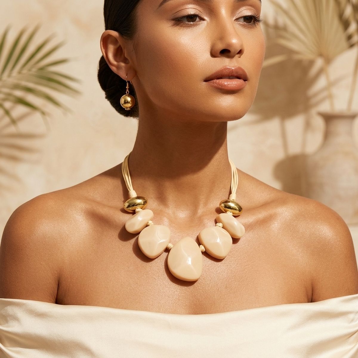 Ivory Resin Pebble & Cord Bib Collar Necklace Set