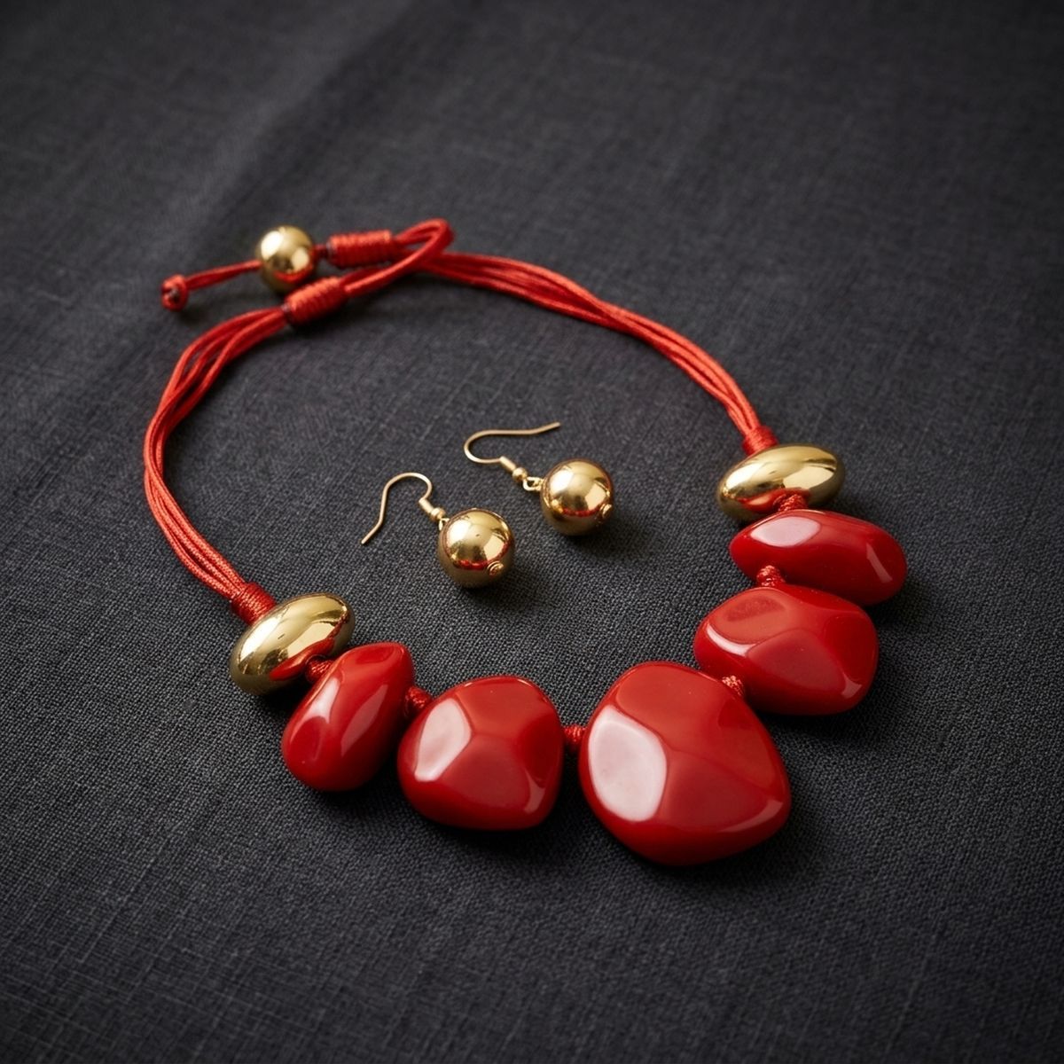 Red Resin Pebble & Cord Bib Collar Necklace Set