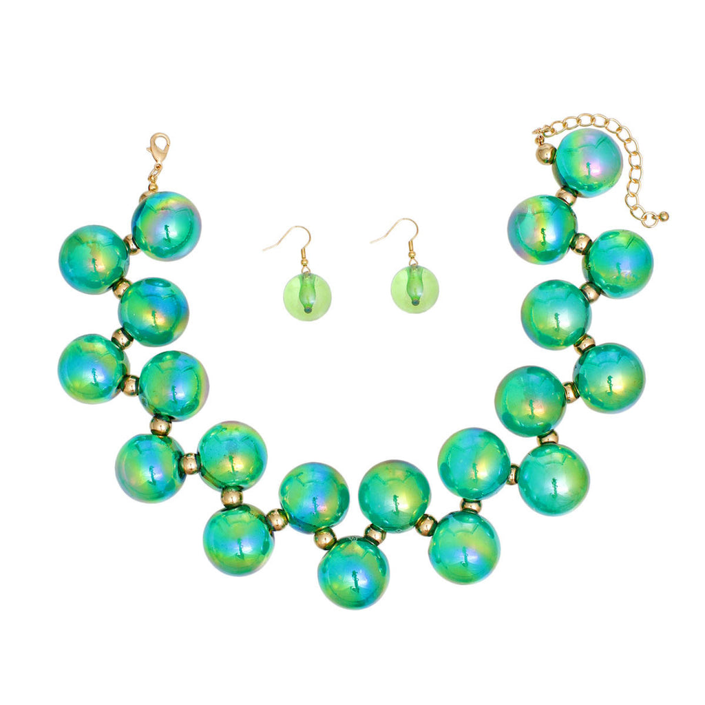 Green iridescent bubble bead necklace with gold-tone spacers and matching green bead fishhook earrings arranged on a white background