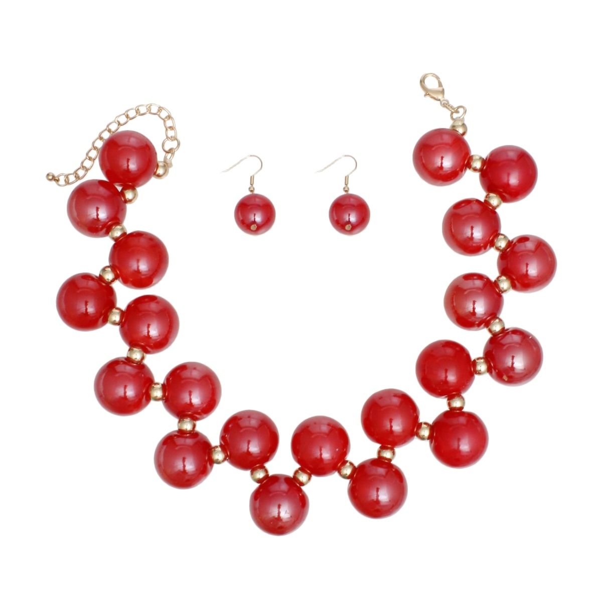 Model wearing a glossy red bubble bead statement necklace and matching red drop earrings with a pale blue top against a white background.
