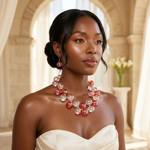 Woman wearing a red and pink iridescent bubble-bead necklace with gold spacers and matching drop earrings, styled with a white strapless top