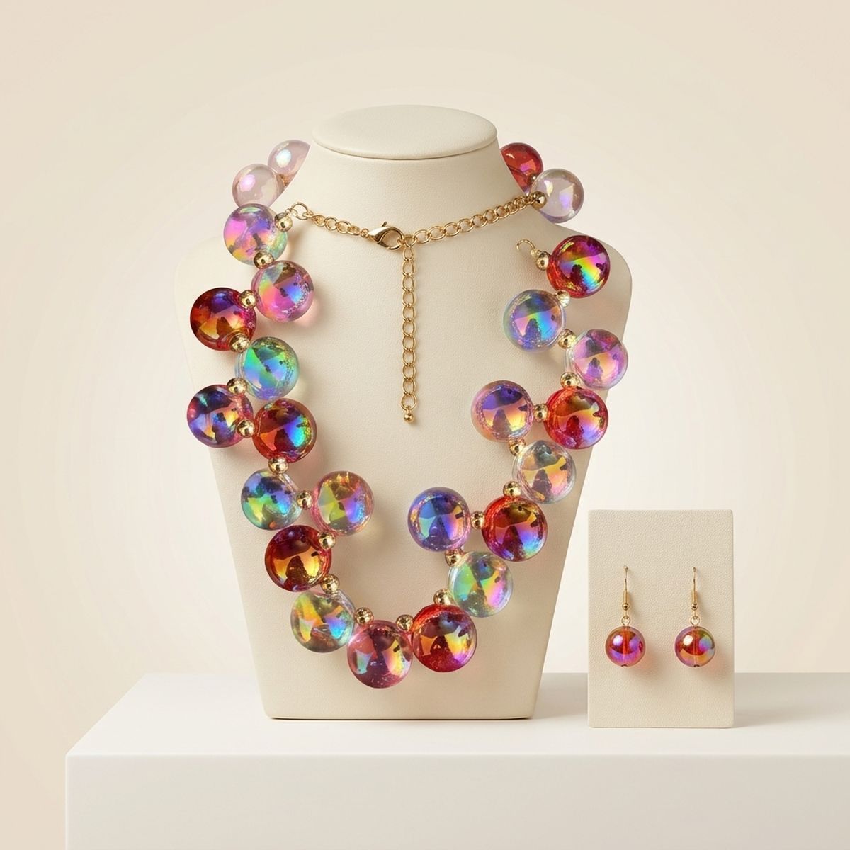 Red and pink iridescent bubble-bead necklace and matching drop earrings displayed on a jewelry bust