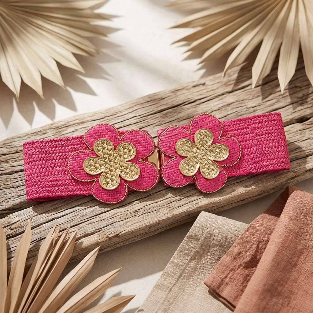 Fuchsia wide woven raffia stretch belt laid flat on weathered driftwood surface, double gold basket-weave flower hook closure at center showing two five-petal flowers with gold crosshatch texture centers and fuchsia raffia petal surrounds with gold beaded trim edging, surrounded by dried palm leaves and folded linen fabric in natural and terracotta tones