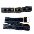 Black wide ruched vegan leather stretch belt shown in two positions on white background, top view showing full width with chunky hammered gold open square buckle, bottom view showing full length of ruffled black vegan leather panels with elastic stretch construction and gold buckle at end