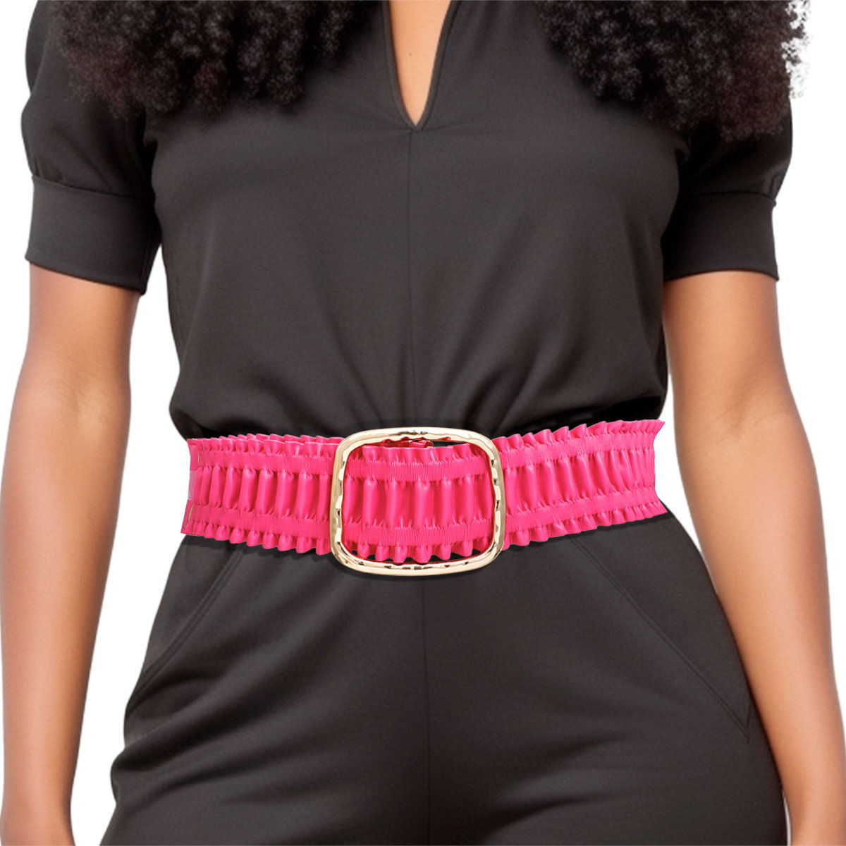 Fuchsia wide ruched vegan leather stretch belt worn on woman's waist over dark olive V-neck short sleeve jumpsuit, chunky hammered gold open square buckle at center, fuchsia ruffled vegan leather panels with elastic stretch construction, white background