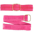 Fuchsia wide ruched vegan leather stretch belt shown in two positions on white background, top view showing full width with chunky hammered gold open square buckle, bottom view showing full length of fuchsia ruffled vegan leather panels with elastic stretch construction and gold buckle at end