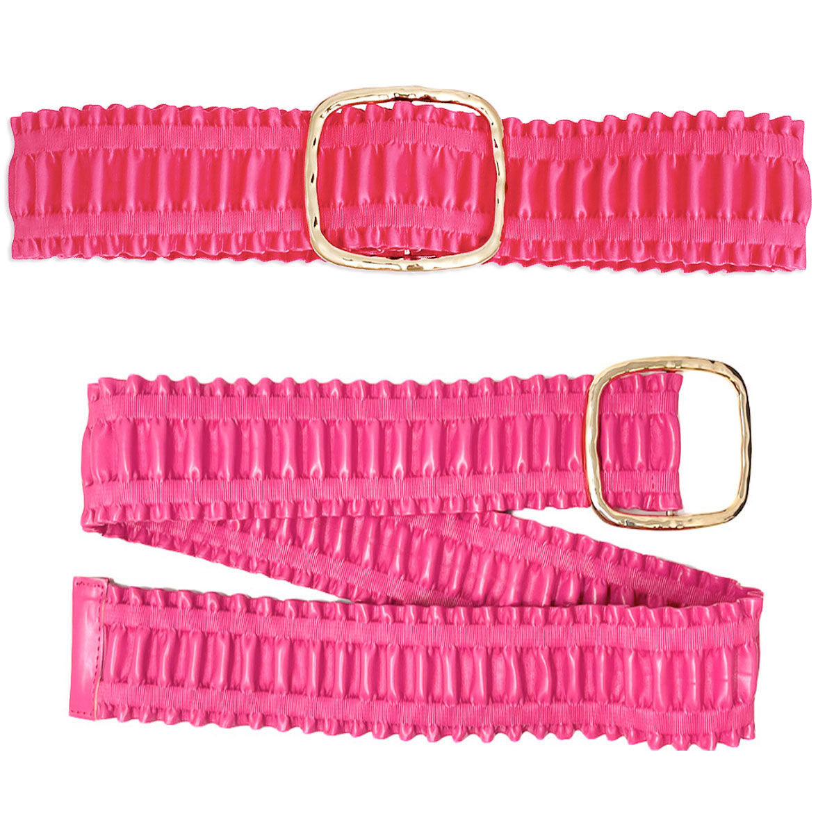 Fuchsia wide ruched vegan leather stretch belt shown in two positions on white background, top view showing full width with chunky hammered gold open square buckle, bottom view showing full length of fuchsia ruffled vegan leather panels with elastic stretch construction and gold buckle at end