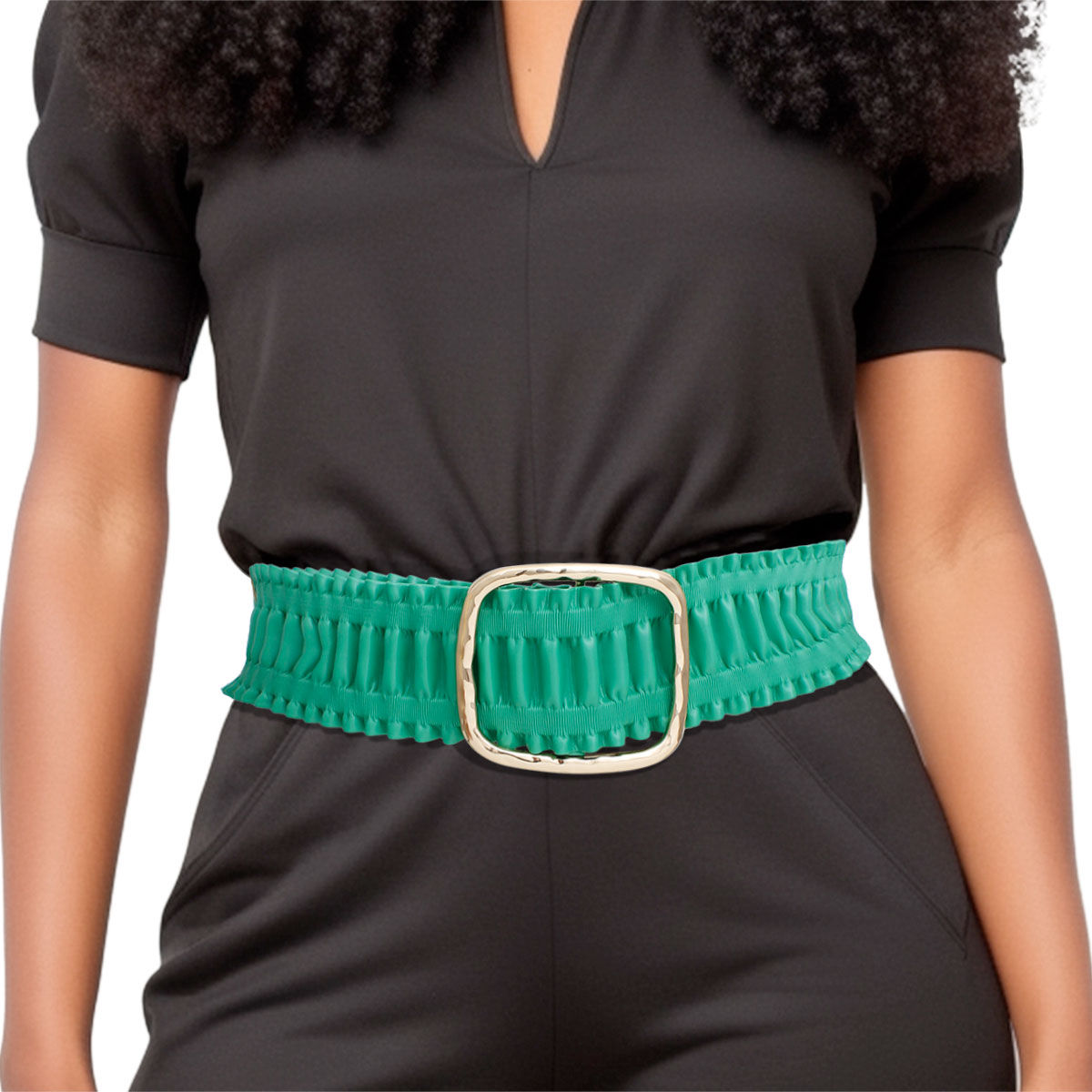 Forest green wide ruched vegan leather stretch belt worn on woman's waist over dark olive V-neck short sleeve jumpsuit, chunky hammered gold open square buckle at center, forest green ruffled vegan leather panels with elastic stretch construction, white background