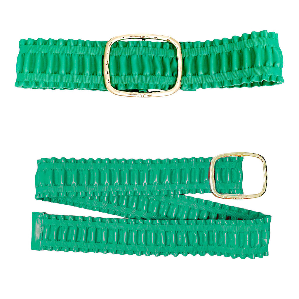 Forest green wide ruched vegan leather stretch belt shown in two positions on white background, top view showing full width with chunky hammered gold open square buckle, bottom view showing full length of forest green ruffled vegan leather panels with elastic stretch construction and gold buckle at end