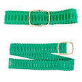 Forest green wide ruched vegan leather stretch belt shown in two positions on white background, top view showing full width with chunky hammered gold open square buckle, bottom view showing full length of forest green ruffled vegan leather panels with elastic stretch construction and gold buckle at end