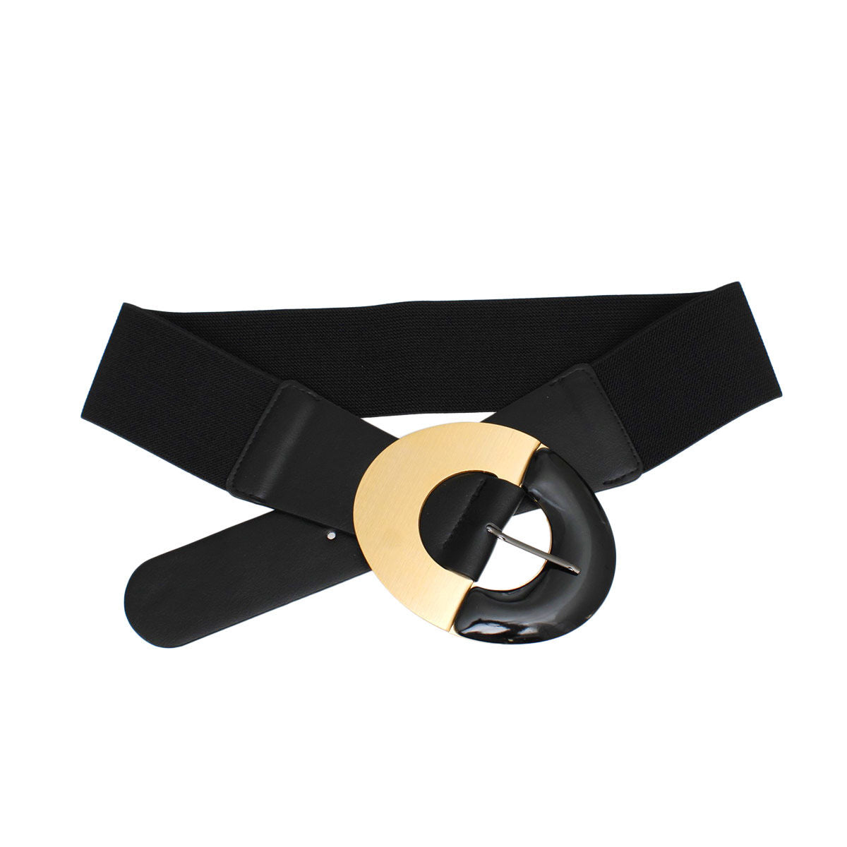 Black wide stretch belt crossed and laid flat on white background, smooth black vegan faux leather front panel, oversized round two-tone buckle with gold metal upper half and black glossy acrylic lower half with silver pin closure, black elastic stretch canvas back