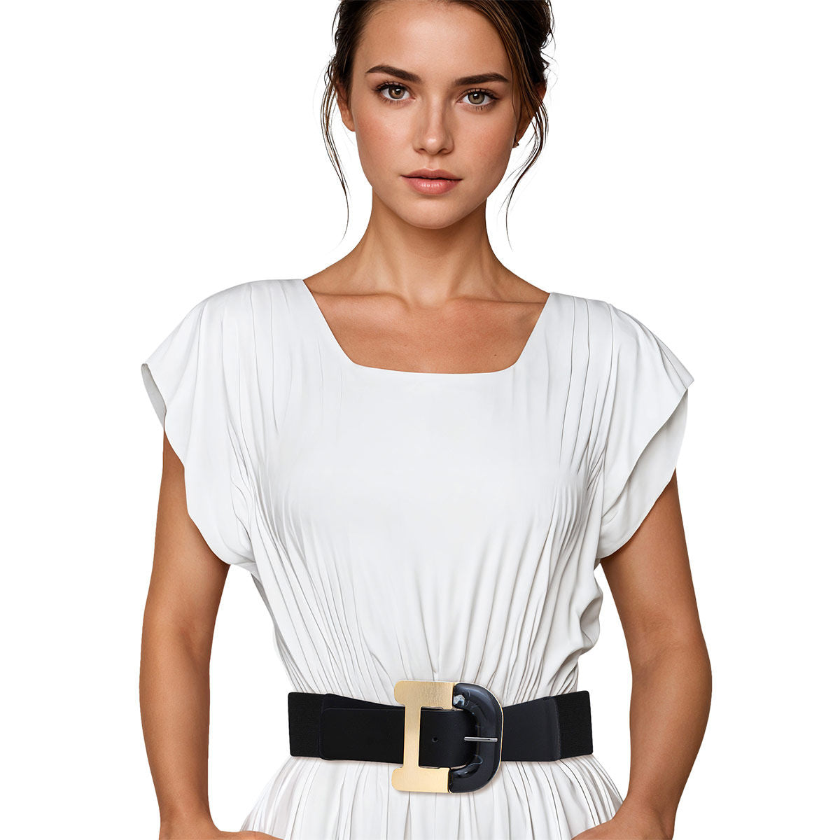 Black wide stretch belt worn on woman's waist over white pleated short-sleeve dress, oversized two-tone buckle with gold metal rectangular frame and black marbled acrylic center insert, black elastic stretch back panel, white background