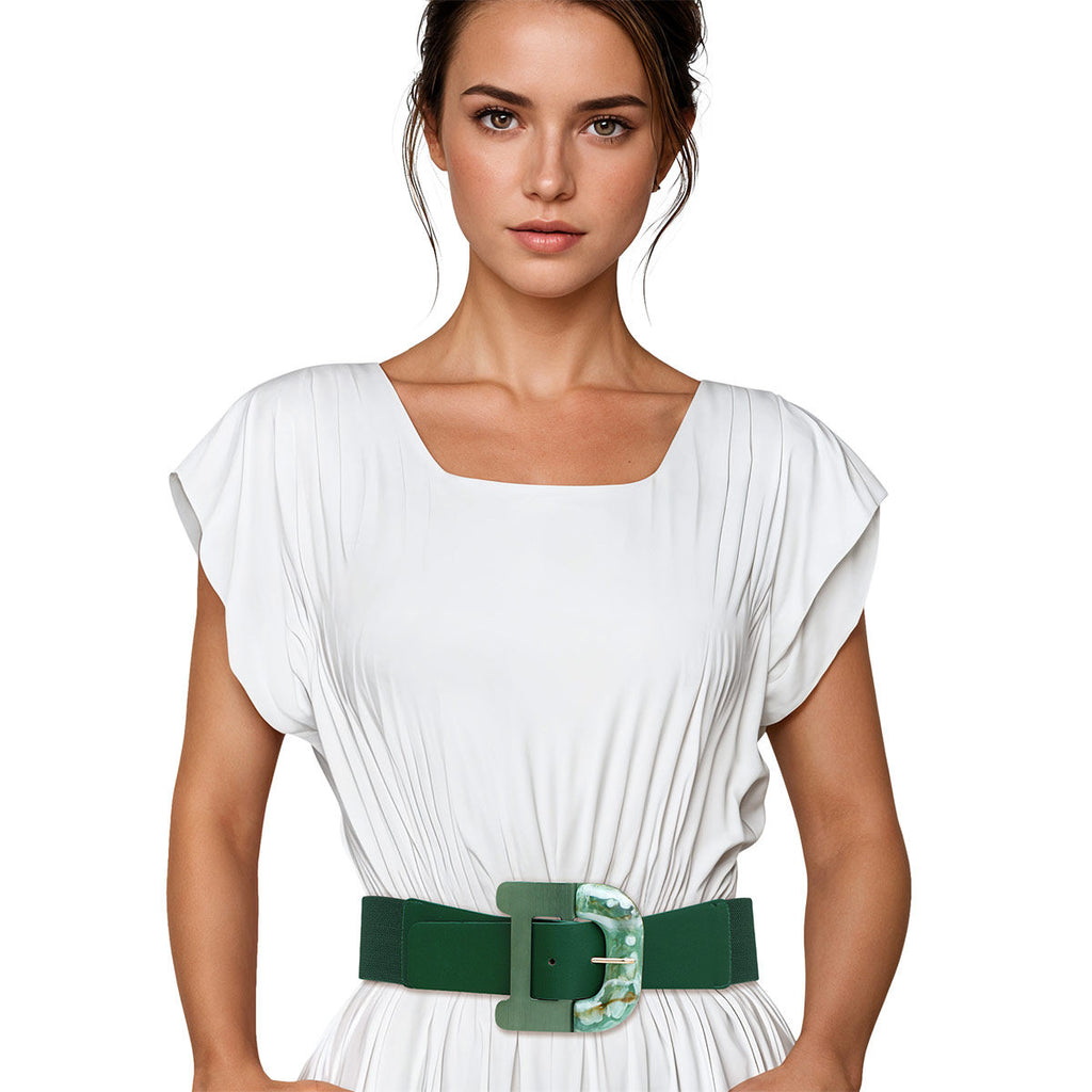 Forest green wide stretch belt worn on woman's waist over white pleated short-sleeve dress, oversized square marbled green and white acrylic buckle with pin closure, green elastic stretch back panel, white background