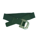 Forest green wide stretch belt crossed and laid flat on white background, smooth green vegan faux leather front panel, oversized square marbled green and white acrylic resin buckle with silver pin closure, green elastic stretch canvas back