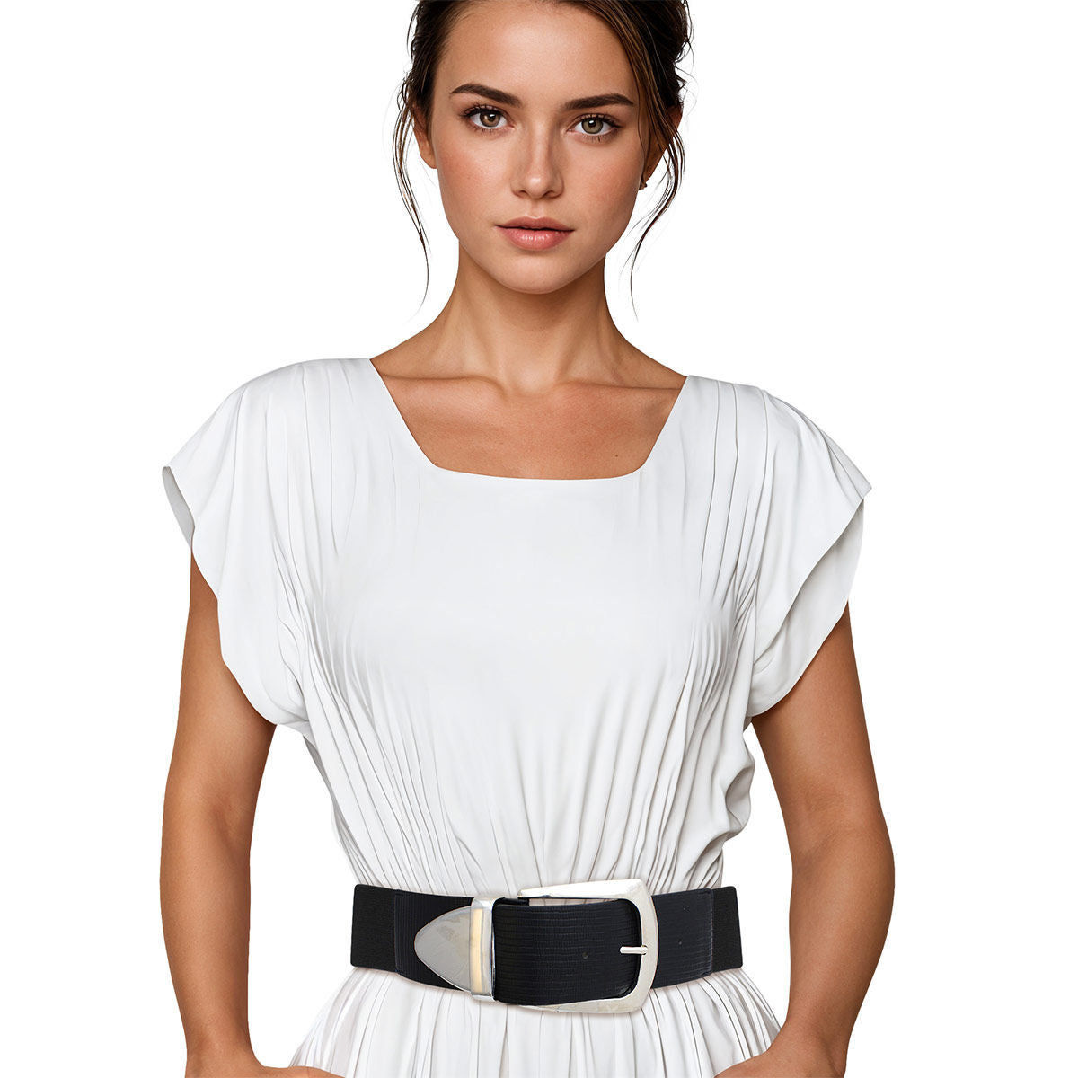 Black wide stretch belt with large silver metal buckle worn on woman's waist over white pleated short-sleeve dress, oversized silver rectangular buckle with curved pin closure, black elastic stretch back panel, white background