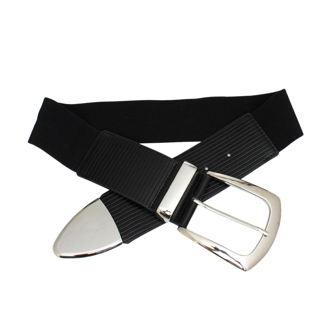 Black wide stretch belt crossed and laid flat on white background, black ribbed texture faux leather front panel with silver oval tip hardware, large silver pin buckle with curved rectangular frame, black elastic stretch canvas back
