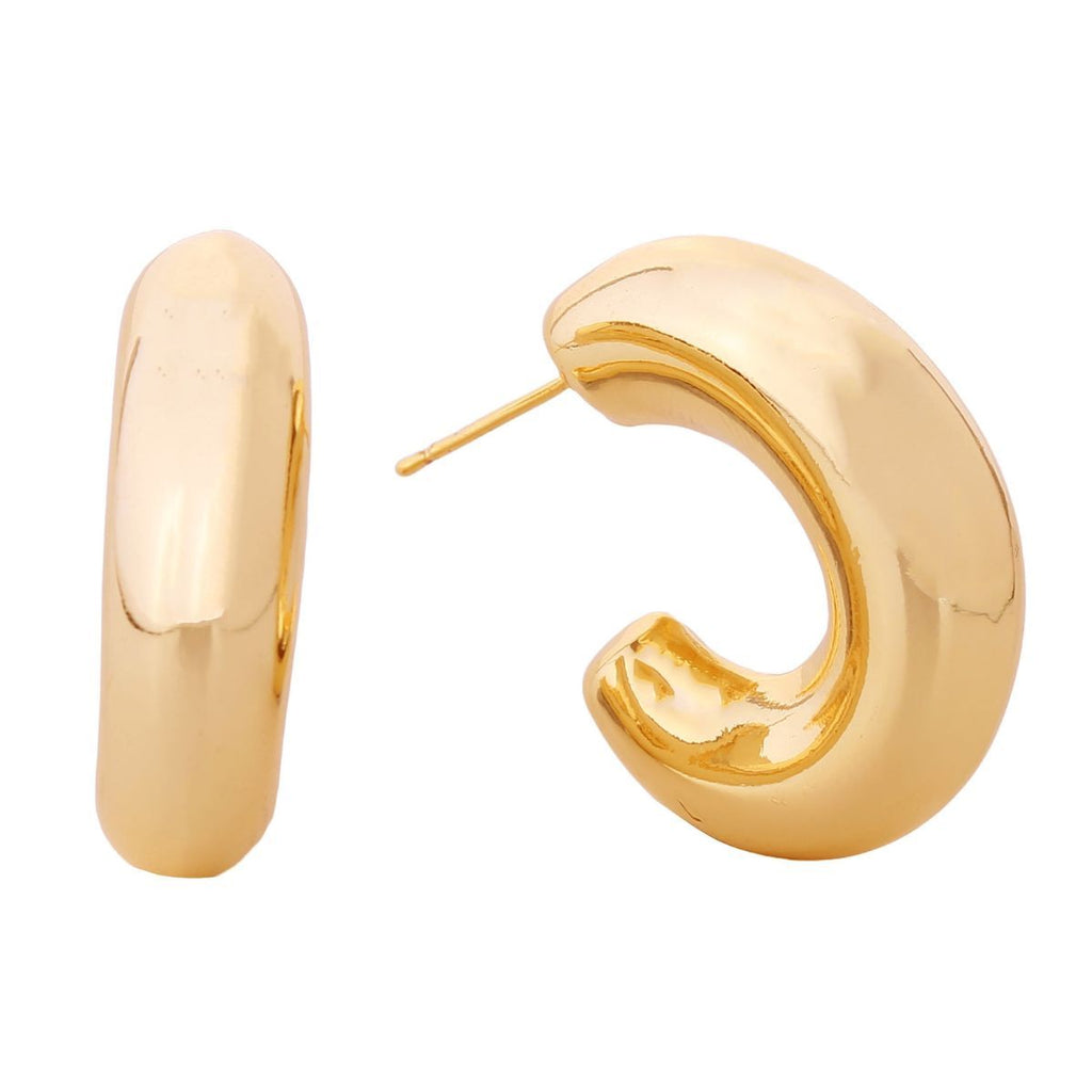  Pair of 14K gold plated chunky puffy tube hoop earrings with post back closure, front and side view showing thick smooth high-polish gold C-hoop body, white background