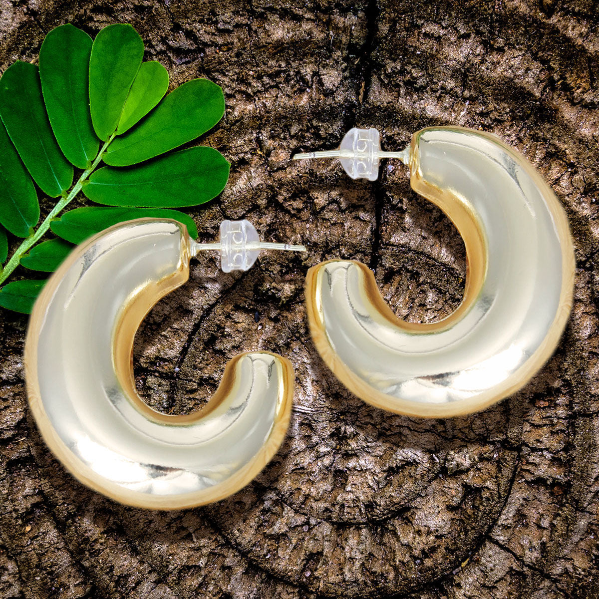 Pair of 14K gold plated chunky puffy hoop earrings with clear push back closures displayed on rustic wood surface with green tropical leaf, showing thick gold tube hoop body and reflective finish