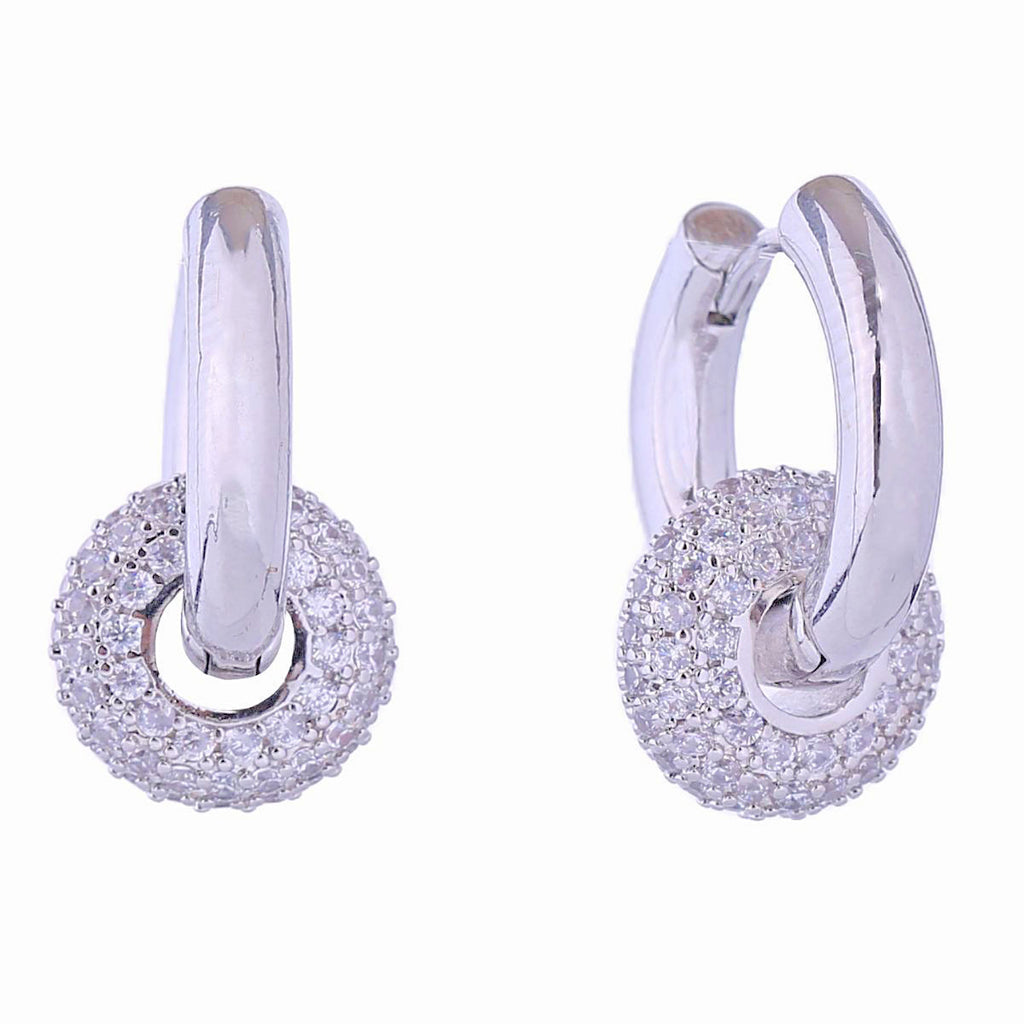 Front and side view of 14K white gold plated huggie hoop earrings with removable pavé CZ ring charm, polished silver-tone hinged hoop, white background, showing full circular pavé ball detail