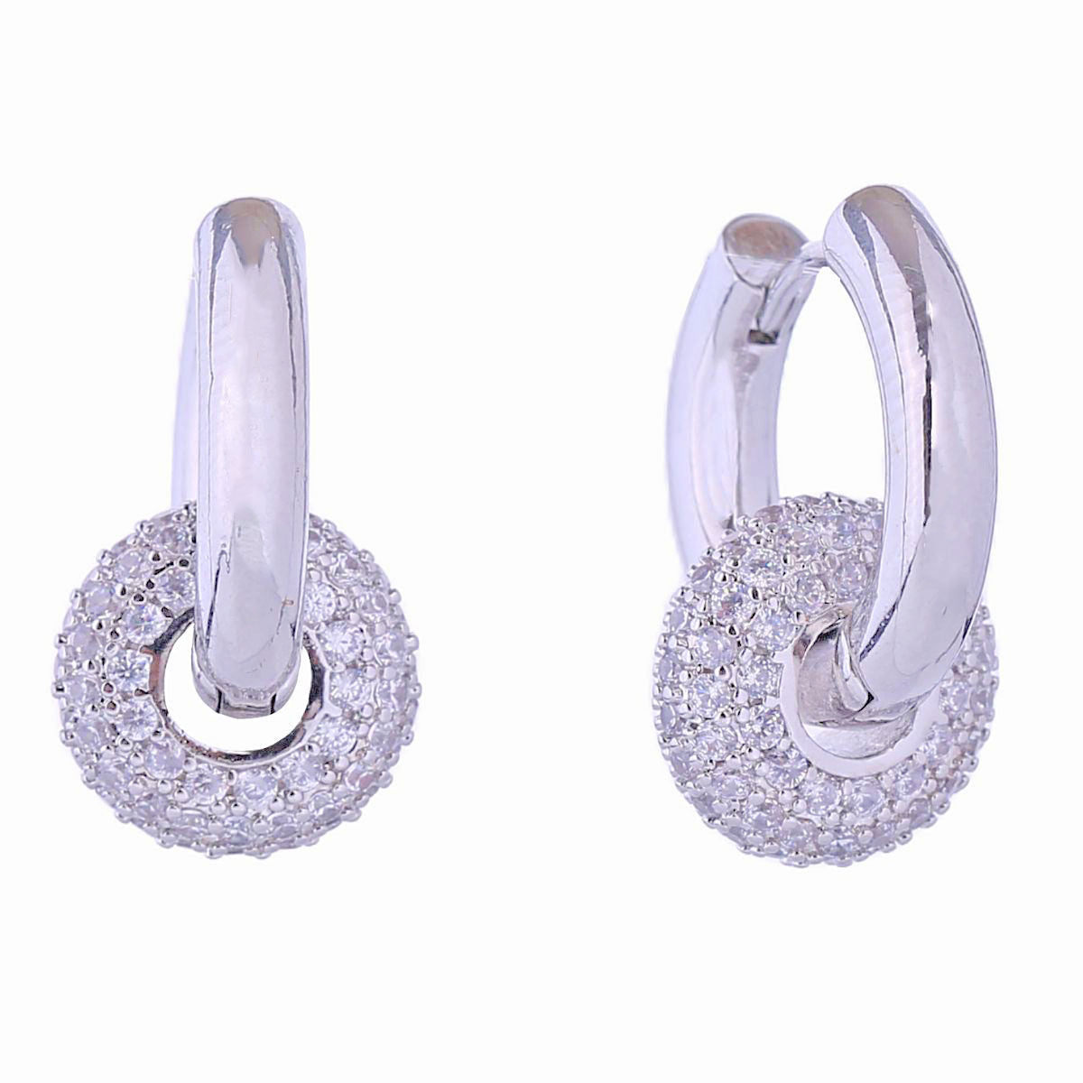 Front and side view of 14K white gold plated huggie hoop earrings with removable pavé CZ ring charm, polished silver-tone hinged hoop, white background, showing full circular pavé ball detail