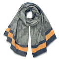 Gray camouflage scarf loosely looped on a white background, showing dark blue and orange striped borders and short pale frayed edge