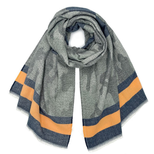 Gray camouflage scarf loosely looped on a white background, showing dark blue and orange striped borders and short pale frayed edge