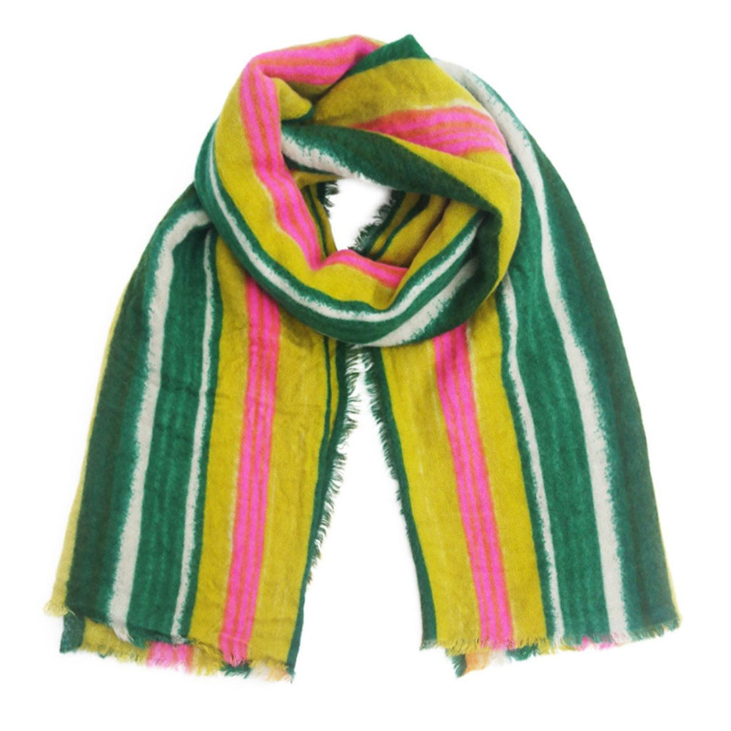 Pink, green, yellow, and cream striped scarf loosely looped on a white background, showing its long shape and short frayed edges