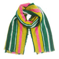 Pink, green, yellow, and cream striped scarf loosely looped on a white background, showing its long shape and short frayed edges