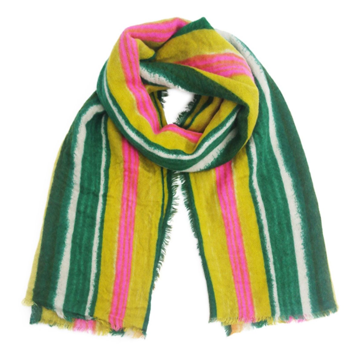 Pink, green, yellow, and cream striped scarf loosely looped on a white background, showing its long shape and short frayed edges