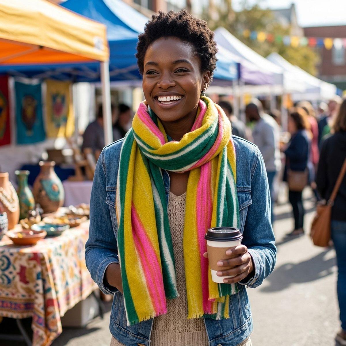 Smiling model wearing a colorful striped scarf over a denim jacket and beige knit top, holding a takeaway cup at an outdoor market
