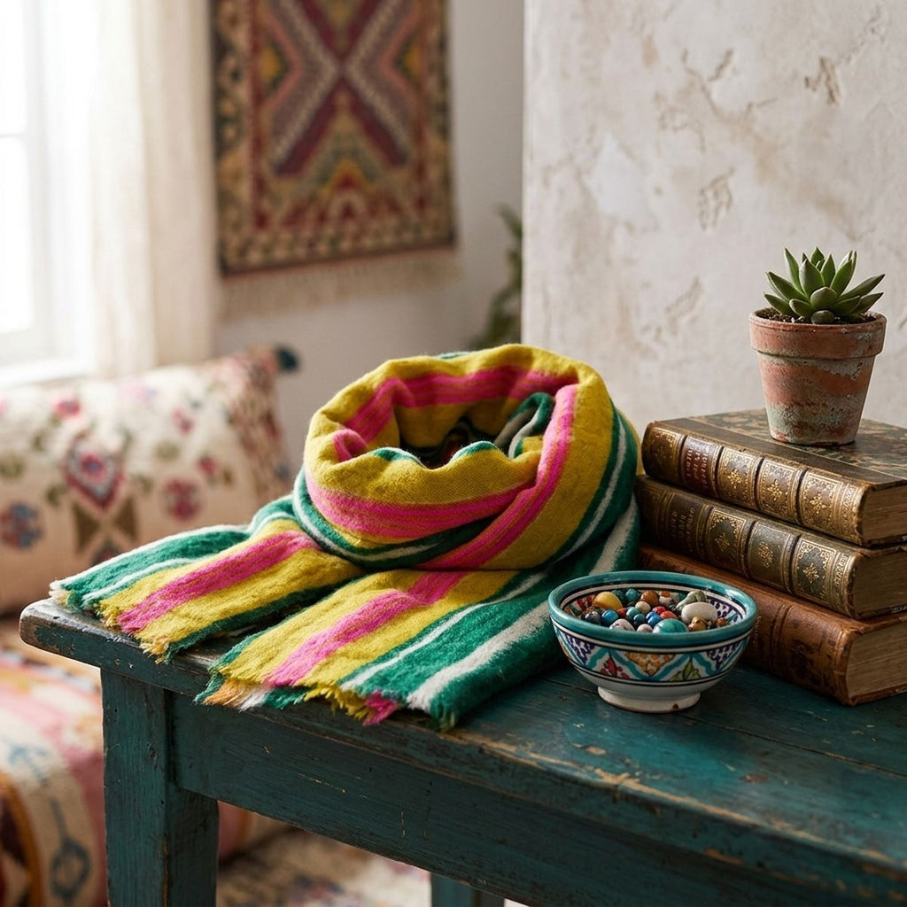 Colorful striped scarf loosely looped on a teal table beside stacked books, a potted succulent, and a decorative bowl