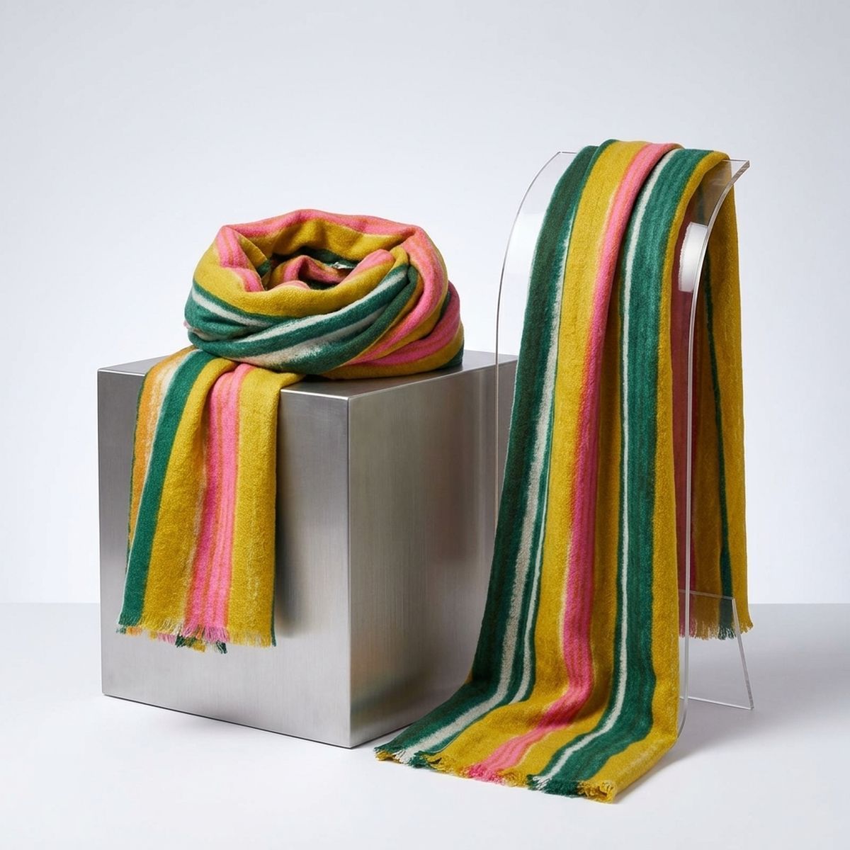 Two displays of the colorful striped scarf, one looped on a metallic cube and one draped over a clear stand against a pale background