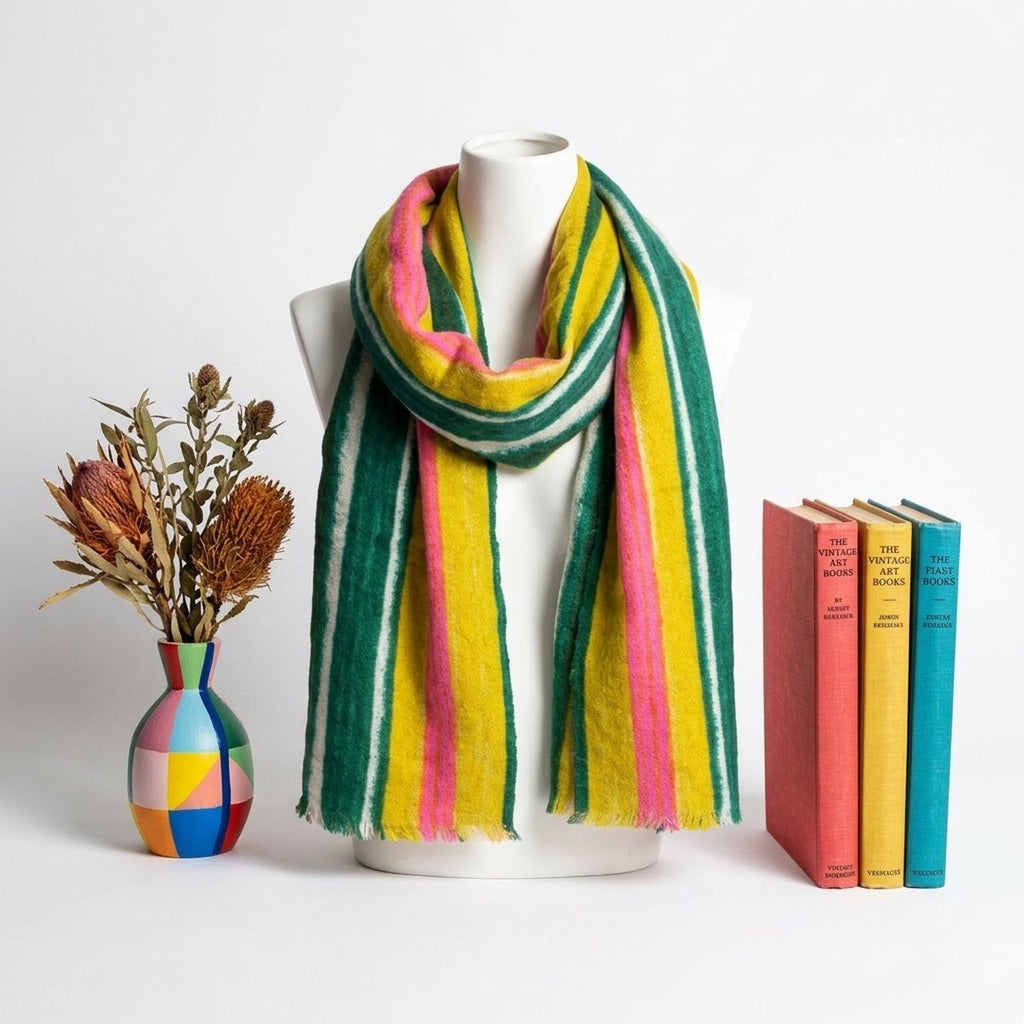 Colorful striped scarf looped around a white display bust beside a geometric vase of dried flowers and three colorful books