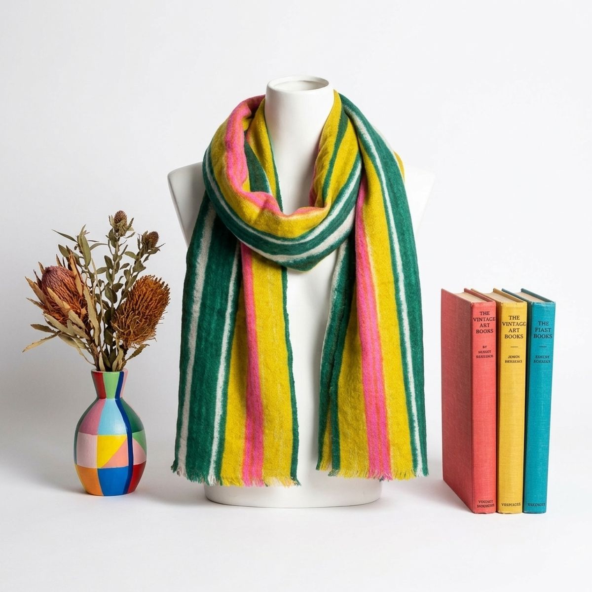 Colorful striped scarf looped around a white display bust beside a geometric vase of dried flowers and three colorful books