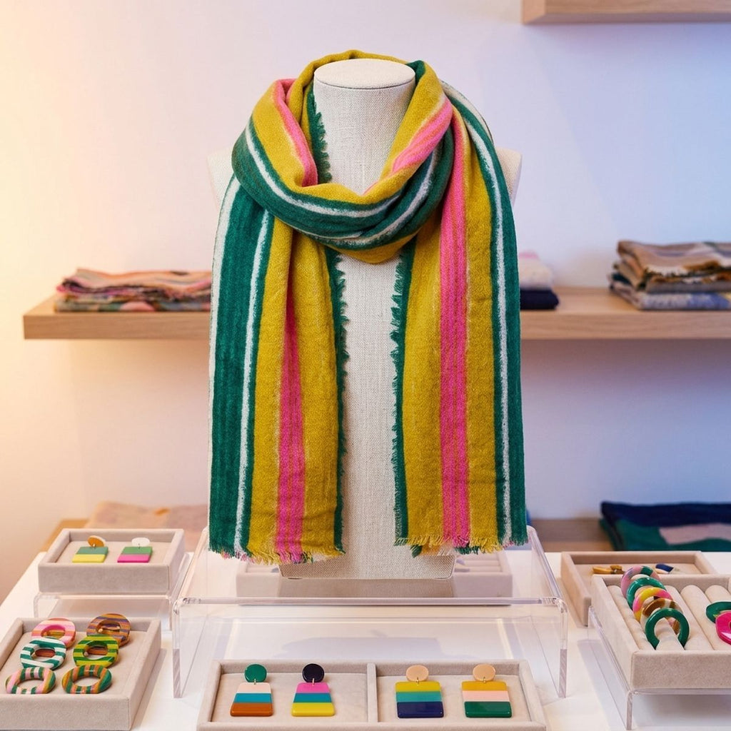 Pink, green, yellow, and cream striped scarf looped around a fabric display bust in a shop, surrounded by trays of colorful jewelry