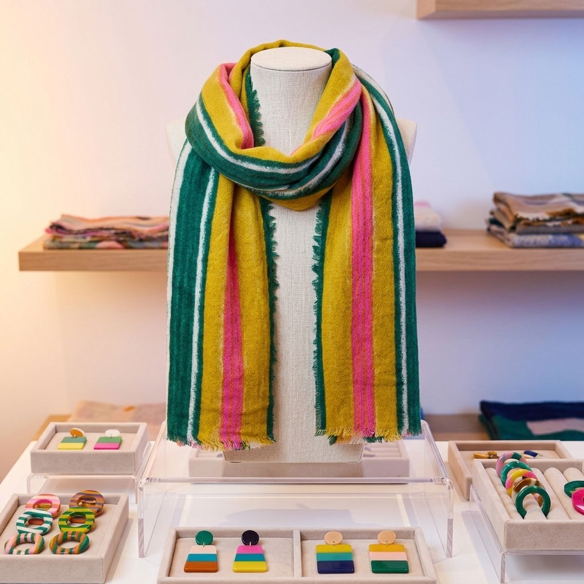 Pink, green, yellow, and cream striped scarf looped around a fabric display bust in a shop, surrounded by trays of colorful jewelry