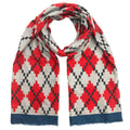 Red pixel argyle scarf loosely looped against a white background, with dark stepped diamond outlines on light gray fabric, blue end borders, and short frayed edges