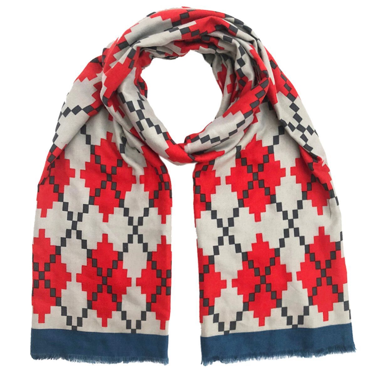 Red pixel argyle scarf loosely looped against a white background, with dark stepped diamond outlines on light gray fabric, blue end borders, and short frayed edges