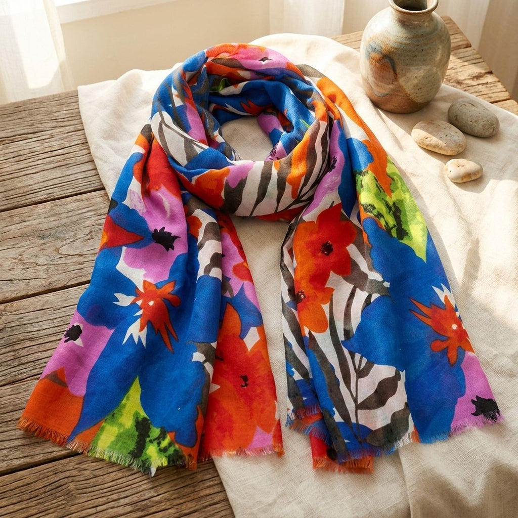 Blue-and-orange floral scarf looped on cream fabric over a rustic wooden table beside a ceramic vase and pale stones