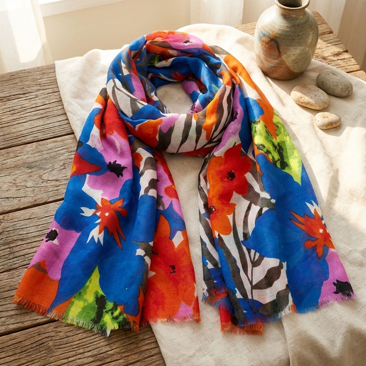 Blue-and-orange floral scarf looped on cream fabric over a rustic wooden table beside a ceramic vase and pale stones