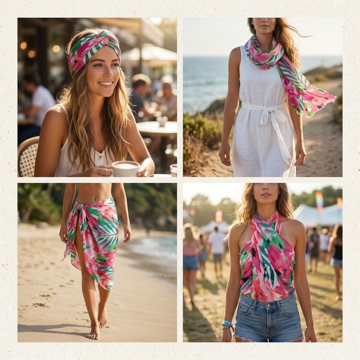 Four-panel collage showing a pink-and-green floral scarf styled as a head wrap, neck scarf, waist-tied sarong, and halter-style top