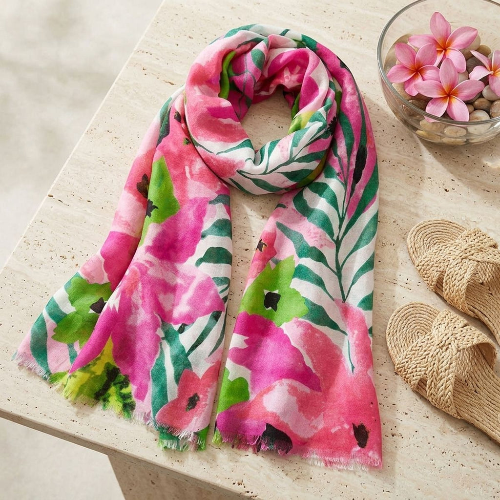 Pink watercolor floral scarf loosely looped on a pale stone surface beside woven slide sandals and a glass bowl of pink flowers