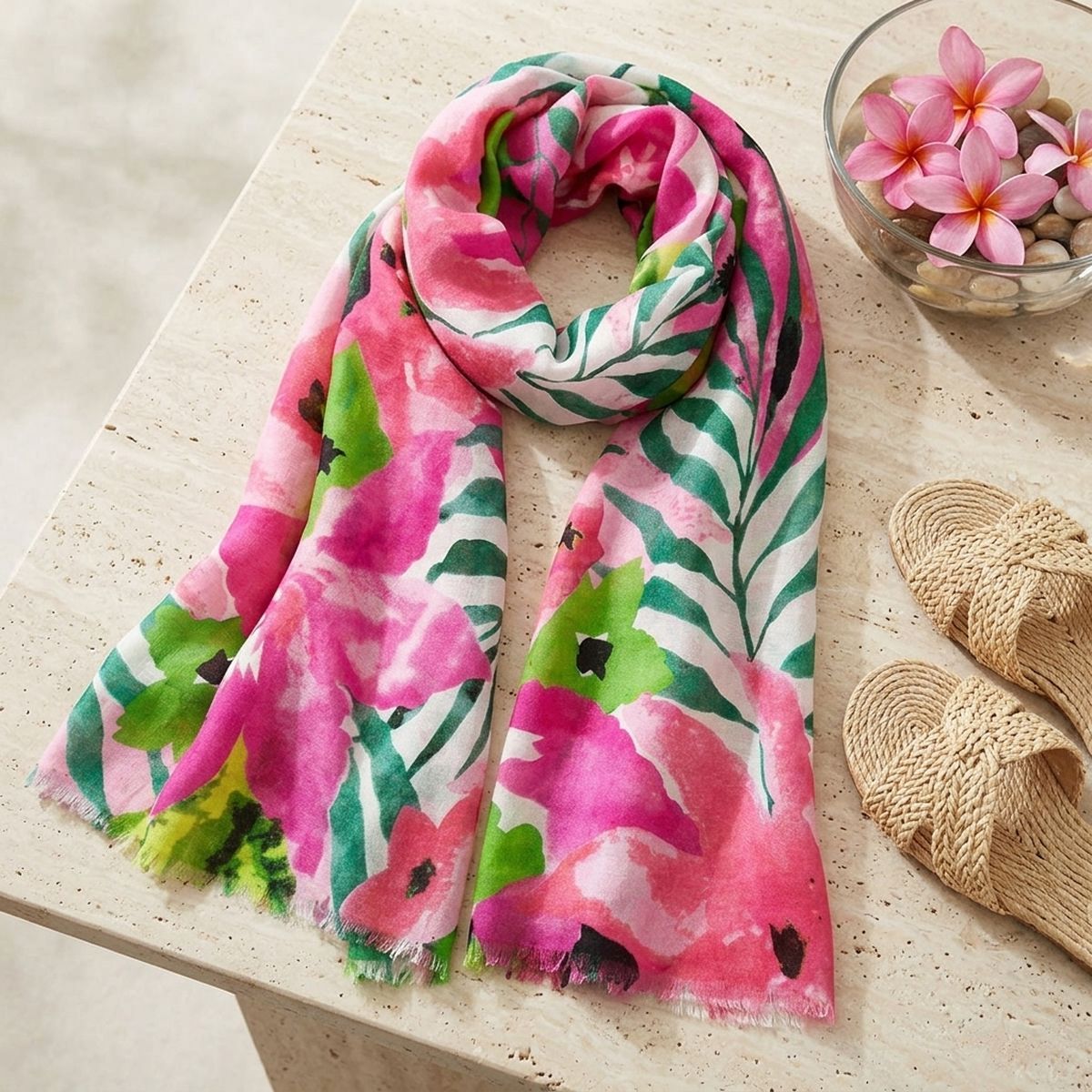 Pink watercolor floral scarf loosely looped on a pale stone surface beside woven slide sandals and a glass bowl of pink flowers