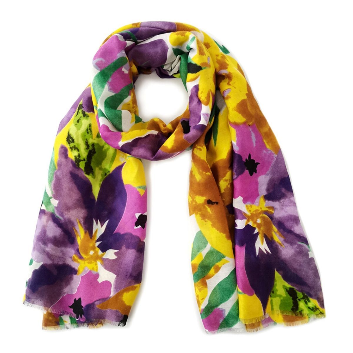 Purple, pink, and yellow watercolor floral scarf loosely looped against a white background, showing green leaves and fine frayed ends