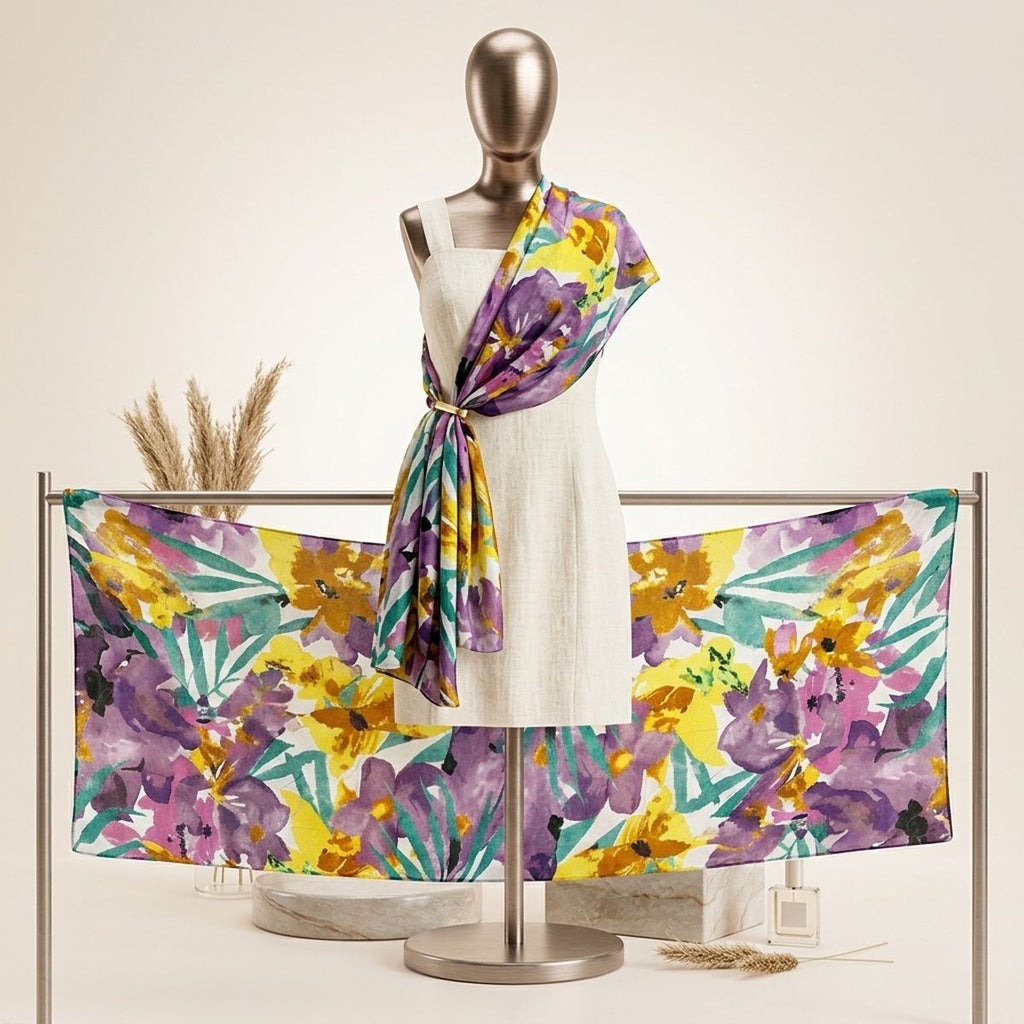 Floral scarf draped over one shoulder of a mannequin in a white dress and gathered with a gold-tone styling ring, with another scarf spread across a display rail behind it