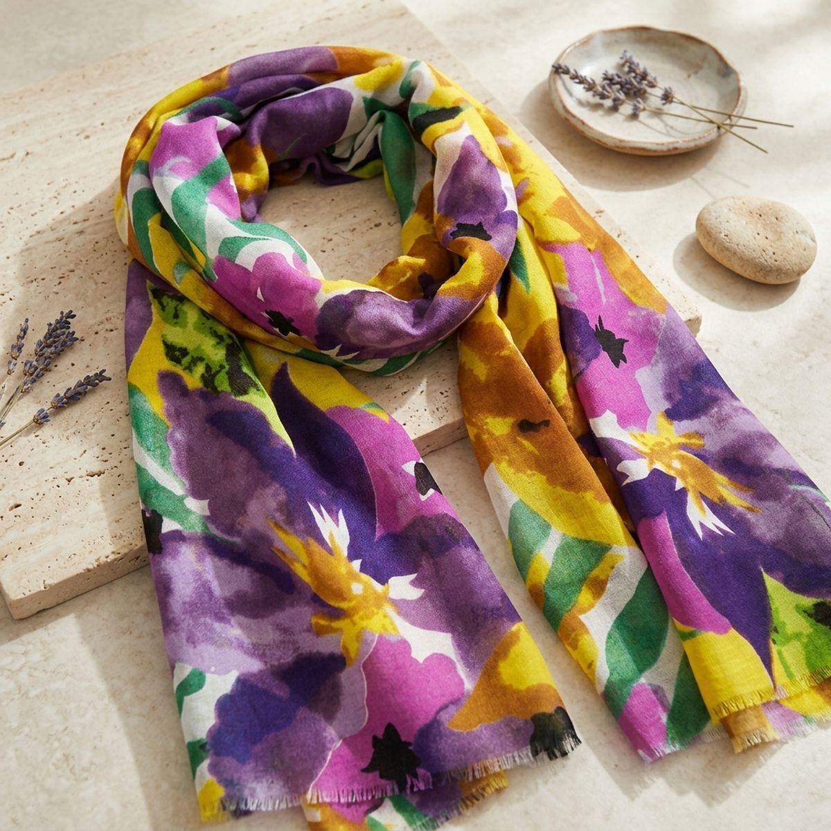 Purple-and-yellow watercolor floral scarf looped on a pale stone surface beside dried lavender stems, a shallow ceramic dish, and a rounded stone