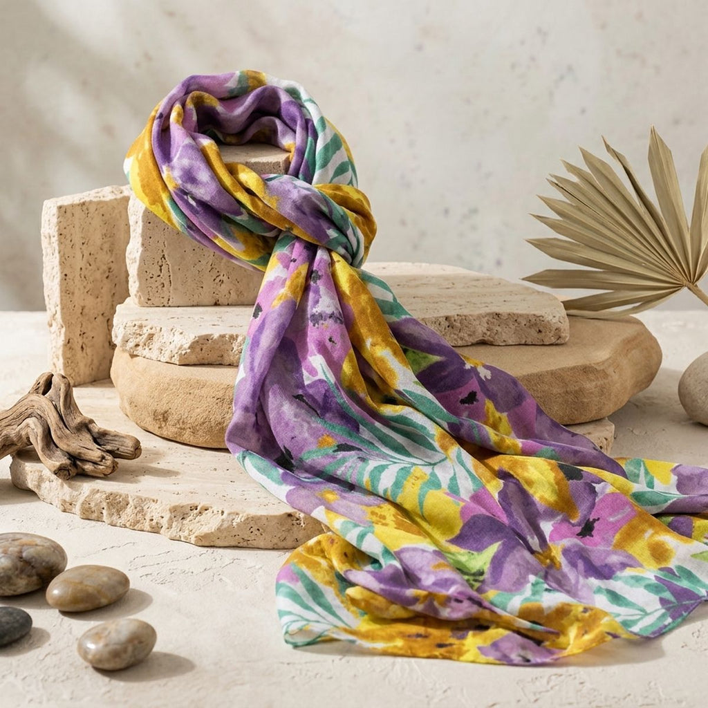 Purple-and-yellow watercolor floral scarf knotted around stacked pale stone blocks, with its ends draped beside driftwood, pebbles, and a dried fan-shaped leaf
