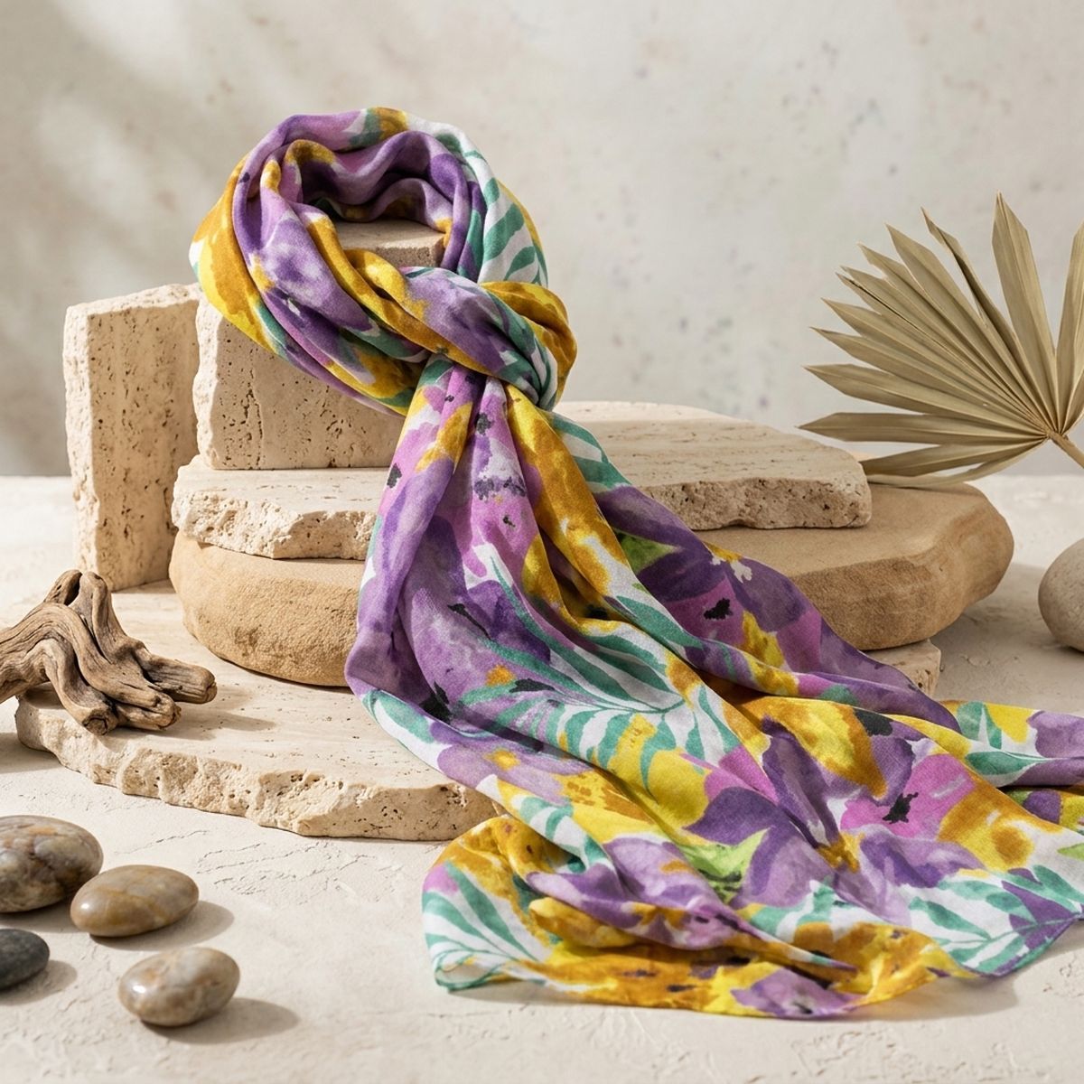 Purple-and-yellow watercolor floral scarf knotted around stacked pale stone blocks, with its ends draped beside driftwood, pebbles, and a dried fan-shaped leaf
