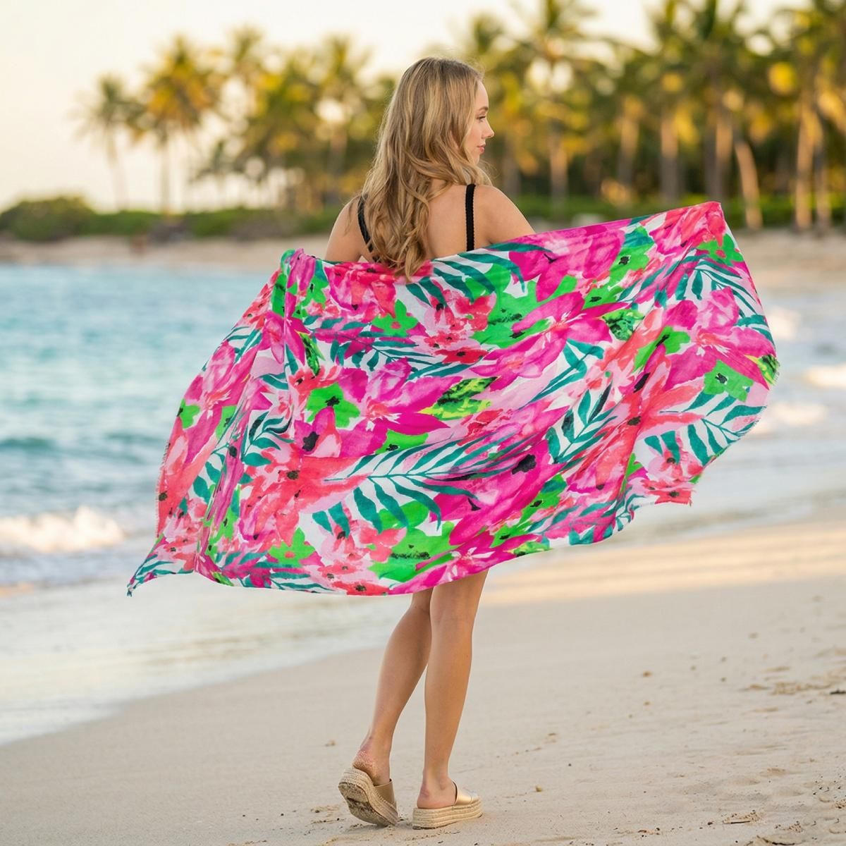 Rear view of a model holding a pink-and-green floral wrap open on a sandy beach, with turquoise water and palm trees behind her
