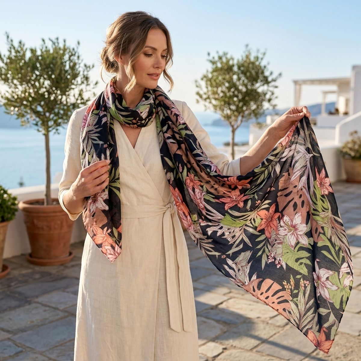 Model in a cream wrap dress wearing a black tropical floral scarf around her neck and holding one end open on a sunny seaside terrace